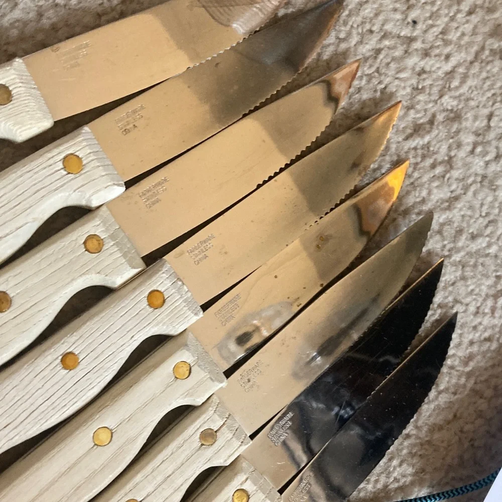 🍽️ Farberware 8 Set Vintage Steak Stainless Steel Knives Blonde Wooden Handle